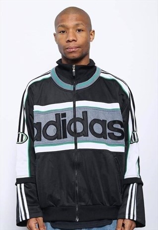 VINTAGE ADIDAS LOGO 3 STRIPE TRACK JACKET BLACK GREY