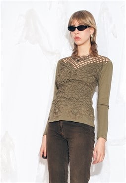 Vintage 80s Handmade Lace Top in Khaki