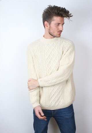 VINTAGE CHUNKY KNIT BEIGE ARAN WOOLLEN JUMPER