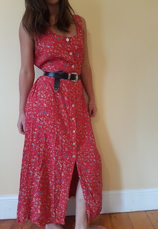 VINTAGE 80S RED FLORAL MAXI SUMMER DRESS