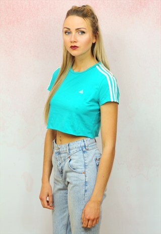 1990S VINTAGE REWORKED TURQUOISE RAW HEM CROP TOP