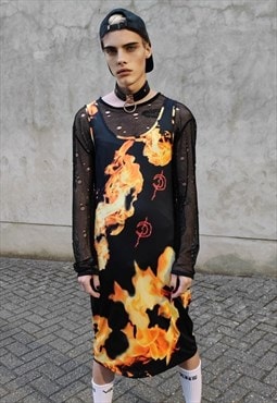 Flame dress midi sleeveless top fire grunge Halloween tshirt