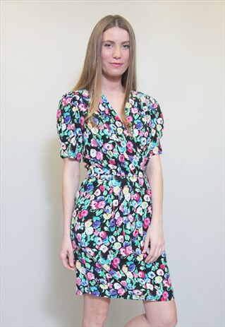 VINTAGE 1980'S VIBRANT FLORAL PRINT WRAP FRONT DRESS