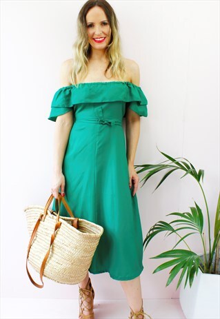 VINTAGE 80'S EMERALD GREEN BARDOT FRILL A LINE MIDI DRESS