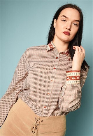VINTAGE 70'S RETRO GEOMETRIC PRINT SHIRT TOP BLOUSE