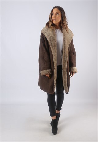 VINTAGE SUEDE SHEEPSKIN SHEARLING COAT UK 18 XXL (B3L)