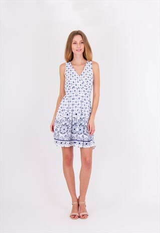 V NECK SLEEVELESS FLORAL PRINT FRILL A-LINE MINI DRESS