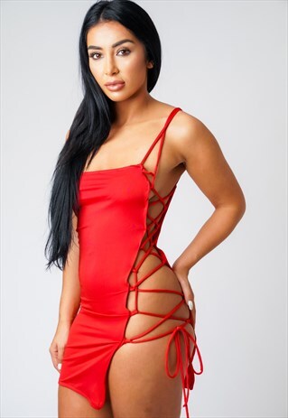 SARAH RED SIDE SHOE TIE LACE MINI DRESS