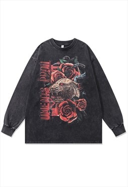 Lion t-shirt vintage wash rose print top long tee acid grey