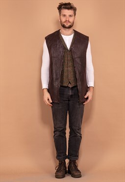 Vintage 90's Men Sheepskin Leather Vest in Dark Brown