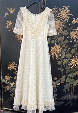 Kathe Wettley 70's Cream Lace Vintage Wedding Maxi Dress 