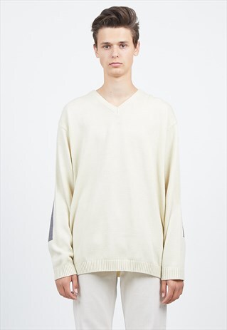 VINTAGE BEIGE FILA KNIT V-NECK JUMPER SWEATER