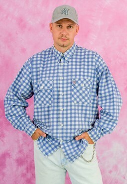 Plaid denim shirt vintage 90s jean long sleeve blue XL