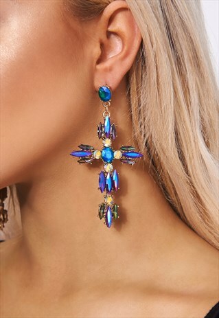 COSMIC HOLOGRAPHIC JEWELLED CROSS EARRINGS