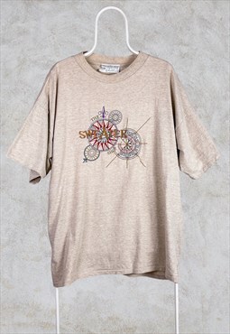 Vintage The Sweater Shop Beige T-Shirt Spell Out Embroidered