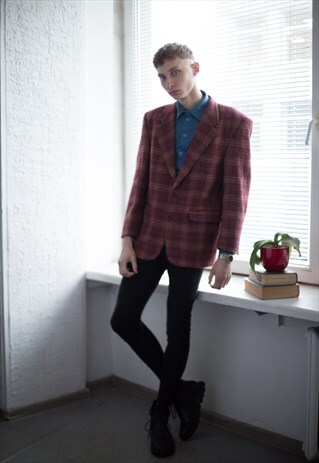 VINTAGE 80'S BURGUNDY RED CHECKED WOOL BLAZER