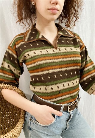 VINTAGE 70S BOHEME ETHNIC KNIT PRINT BLOUSE TUNIC TOP BOHO