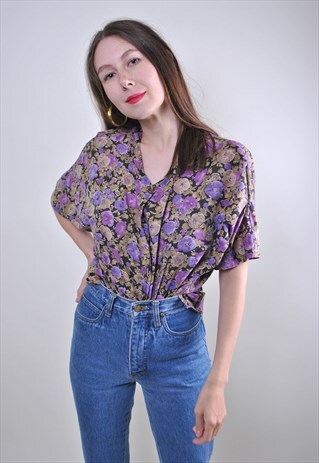 80S RETRO WOMAN MULTICOLOR FLOWERS BLOUSE WITH SHORT SLEEVE