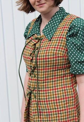 VINTAGE GREEN RED TARTAN TWEED MINI DRESS WITH LEATHER TIES