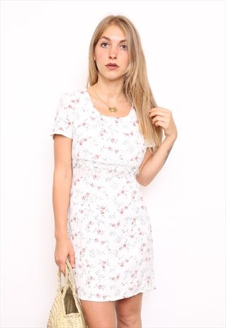 VINTAGE 90S WHITE FLORAL PRINT MINI DRESS