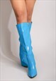BLUE LEATHER LOOK CROC POINTED HEELED BOOT