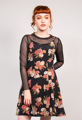 VINTAGE 90'S BLACK FLORAL PATTERN GRUNGE MINI DRESS