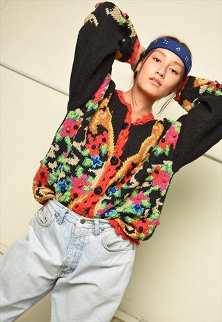 80S ABSTRACT FLORAL PRINT EMBROIDERED KNIT CARDIGAN