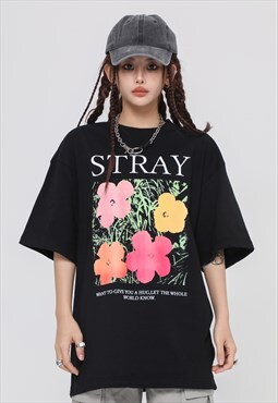 Floral print t-shirt love tee grunge flower top in black