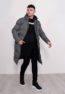 justyouroutfit Grey Longline Hooded Puffer Coat