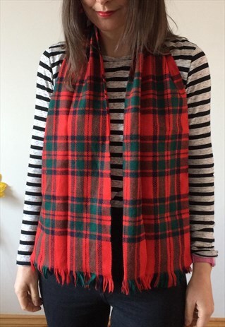 VINTAGE RED & GREEN WOOL TARTAN SCARF