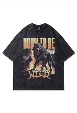 Wolf print t-shirt metalcore tee creepy animal top acid grey