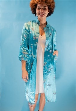 Vintage 80s Size M Satin Brocade Chinese Jacket in Sky Blue.