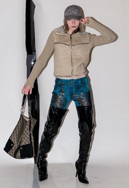 Y2K Vintage suede / knit ribbed fur trim jacket in beige