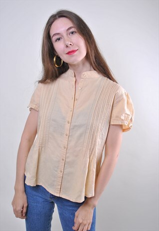 80S VINTAGE YELLOW SHORT SLEEVE SECRETARY BLOUSE FOR WORK