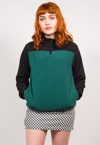 VINTAGE 90'S GREEN & BLACK QUARTER ZIP FLEECE JUMPER