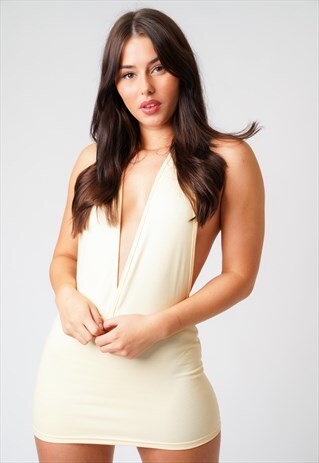 BEIGE HALTER NECK TIE SHORT MINI DRESS