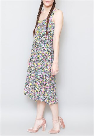 VINTAGE 1990'S VIBRANT FLORAL DUNGAREE DRESS