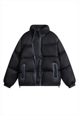 Asymmetric bomber jacket shiny puffer winter coat in black