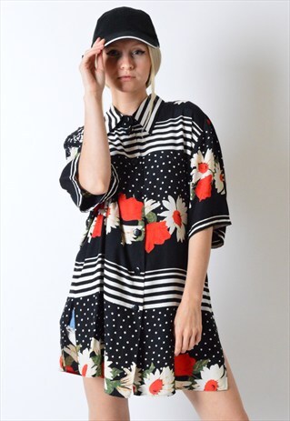 VINTAGE 90S BLACK FLOWER POLKA DOT SHIRT