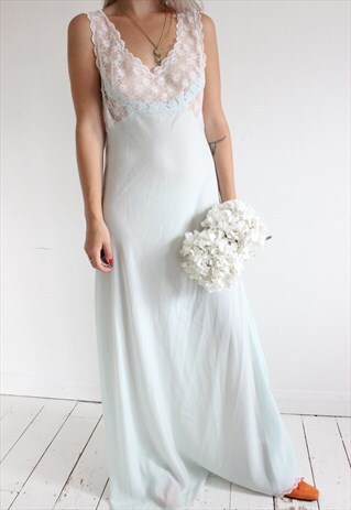 VINTAGE 60S BABY BLUE FLORAL LACE SLIP DRESS
