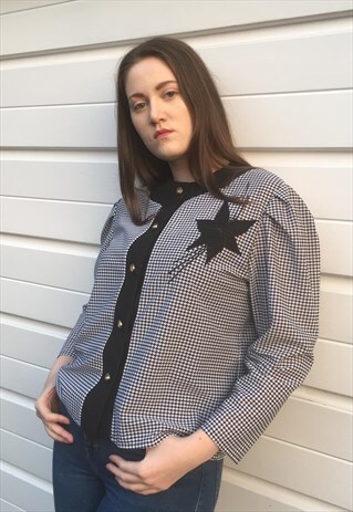 WOMENS VINTAGE 80S BLOUSE FLORAL BLACK WHITE CHECKED JACKET