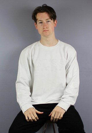 VINTAGE HUGO BOSS CREWNECK SWEATSHIRT IN WHITE WITH PRINTED