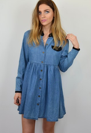 VINTAGE 90S DENIM & VELVET BLUE SMOCK DRESS