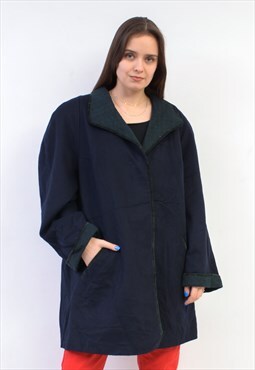 Vintage 80s women's L XL Alpaca Wool Coat Jacket Black Blue