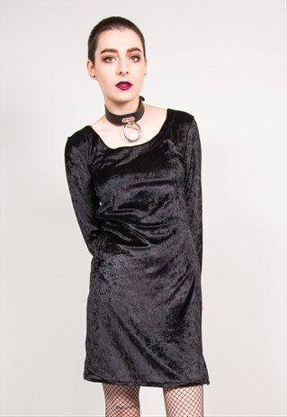 VINTAGE 90'S BLACK VELVET LONG SLEEVE GRUNGE MINI DRESS