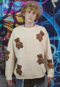 Teddy bear sweater vintage animal patch jumper in cream