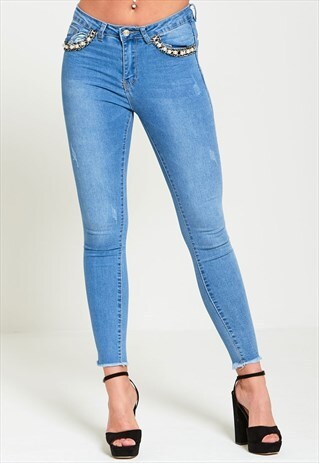 PEARL POCKET FRAYED HEM SKINNY JEANS