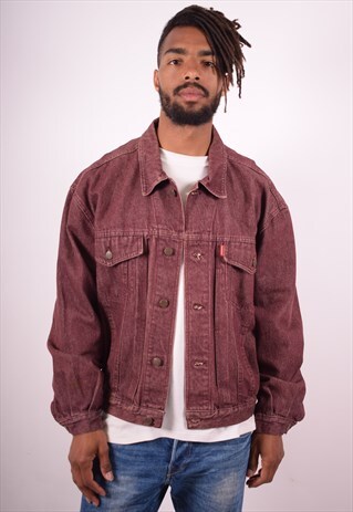 MENS VEST DENIM JACKET LARGE MAROON 90S