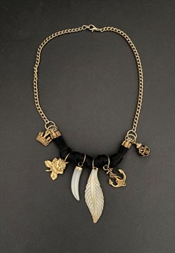 70's Vintage Ladies Necklace Black Woven Charm Gold Chain
