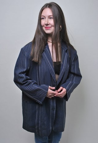 VINTAGE STRIPED BLAZER, 90S OVERSIZED BLUE SUIT JACKET